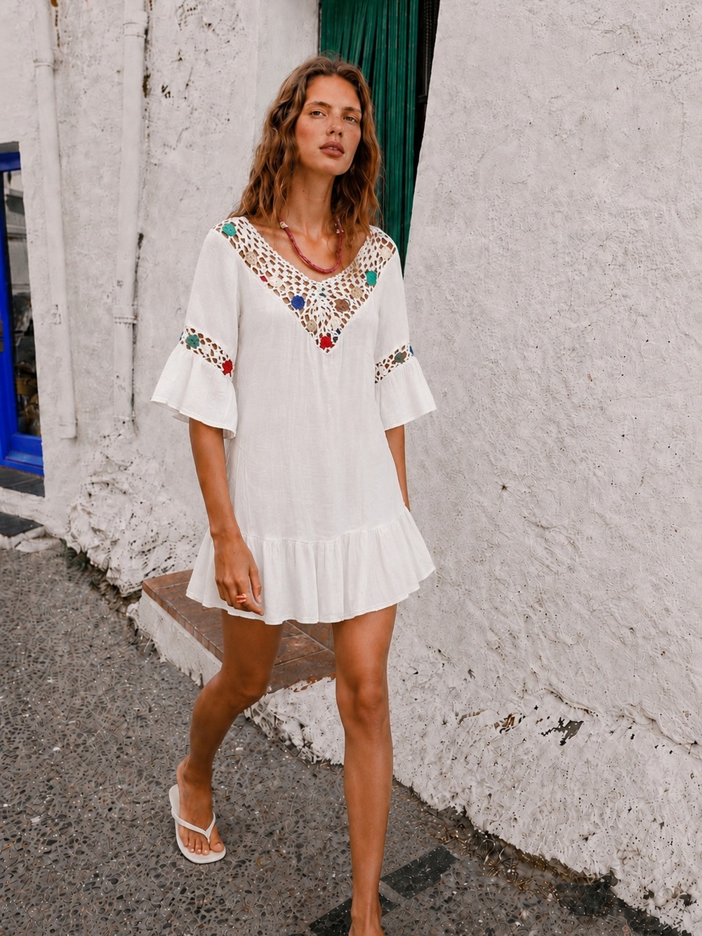 White Crochet Yoke Mini Dress with Colorful Embroidered Dots